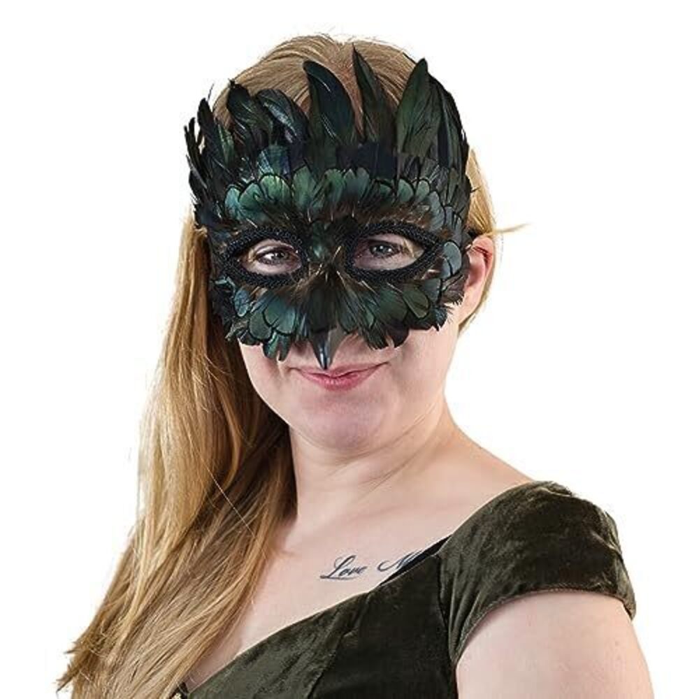 6155 Bird Masquerade Mask with Feathers, Black Crow Costume for Adults, Owl
